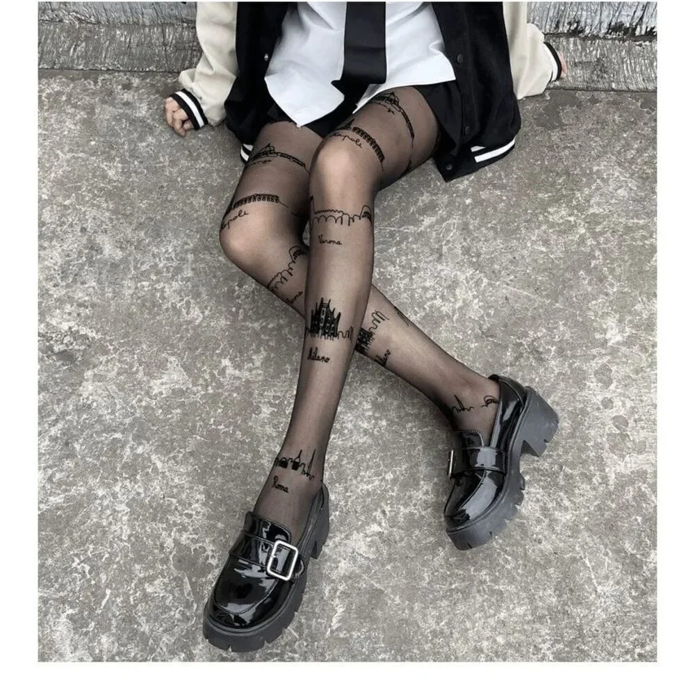 🏙️ Travel Cities Tattoo Printed Tights Black Sheer Nylon Pantyhose Hosiery NEW